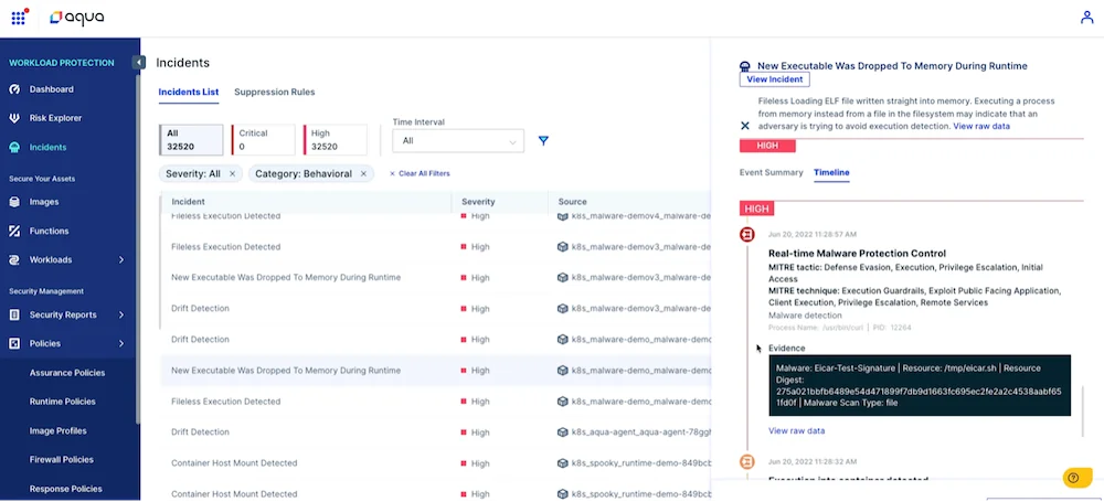 Screenshot of Aqua platform Incidents dashboard indicating Detection and Response to fileless malware