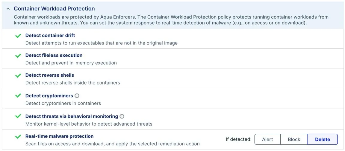 Screenshot of Aqua Container Workload dashboard allowing user to alert, block, or delete detected real-time malware