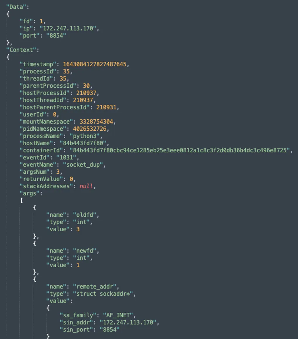 data collected as the process python3 initiated the event socket dup with IPv4 address 172.247.113.170 and port 8854.