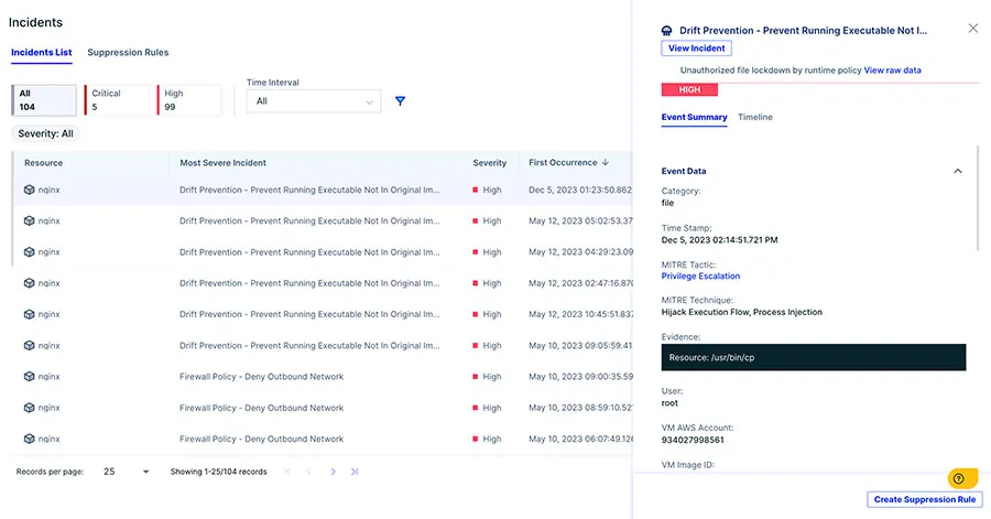 Incident Screen showing all the runtime findings in the environment 