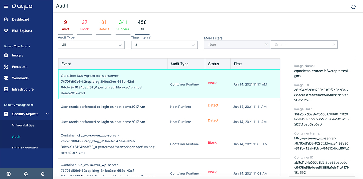 The Aqua audit console view