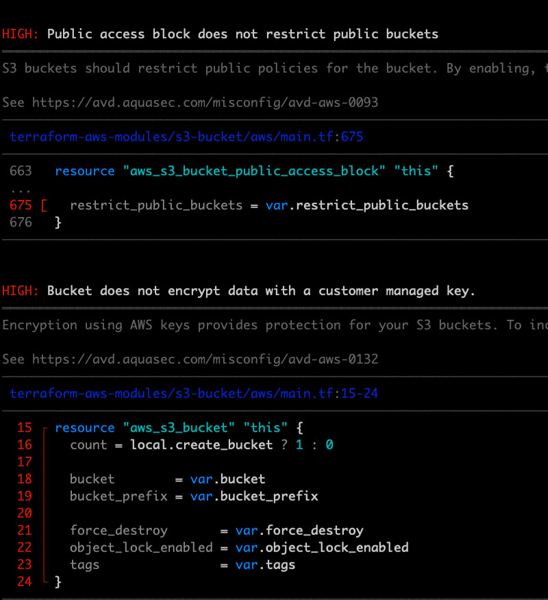 IaC/CSPM Here Trivy is showing an IaC misconfiguration in Terraform.