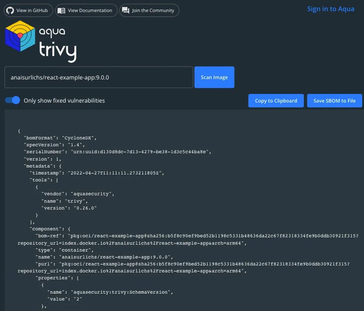 Trivy SBOM output