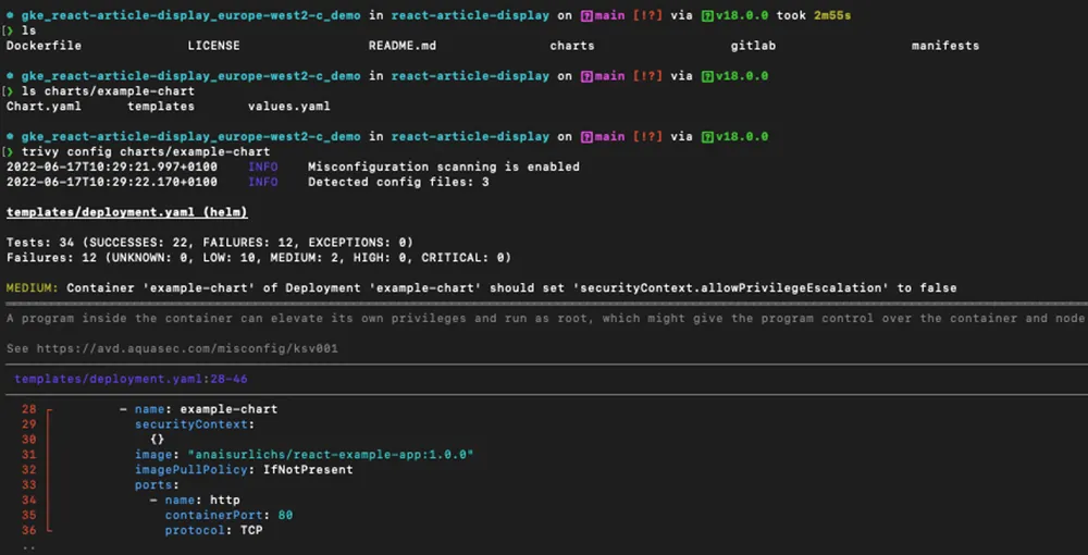 Trivy config command performed on Helm Chart