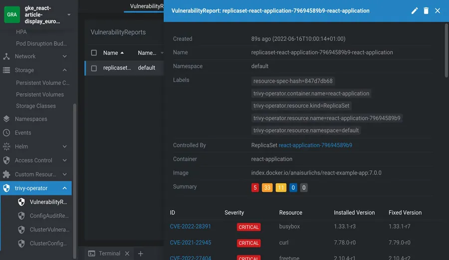 Trivy Operator security scans highlighted in Lens through the extension